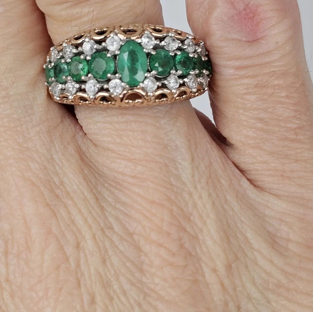 Gems en Vogue Grizzly Emerald & Zircon Palladium Sterling Silver 18k Ring Sz 8! - Picture 10 of 13